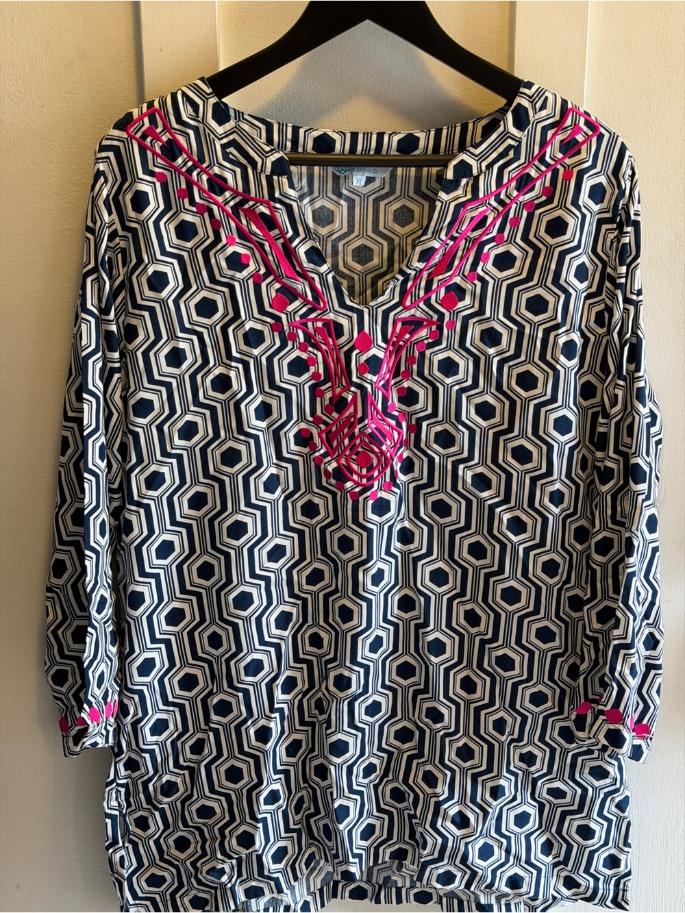 escapada Navy & White Geometric Tunic with Pink Embroidery Accents XL
